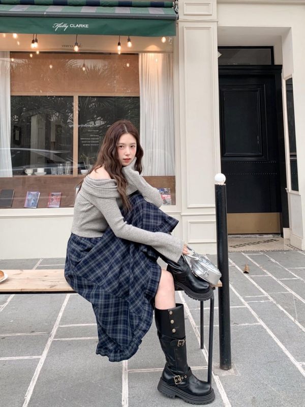 京都日落 日系復古格紋長裙 顯瘦A字版型 鬆緊腰不勒 垂墜好走路秋冬百搭必收（2色） 