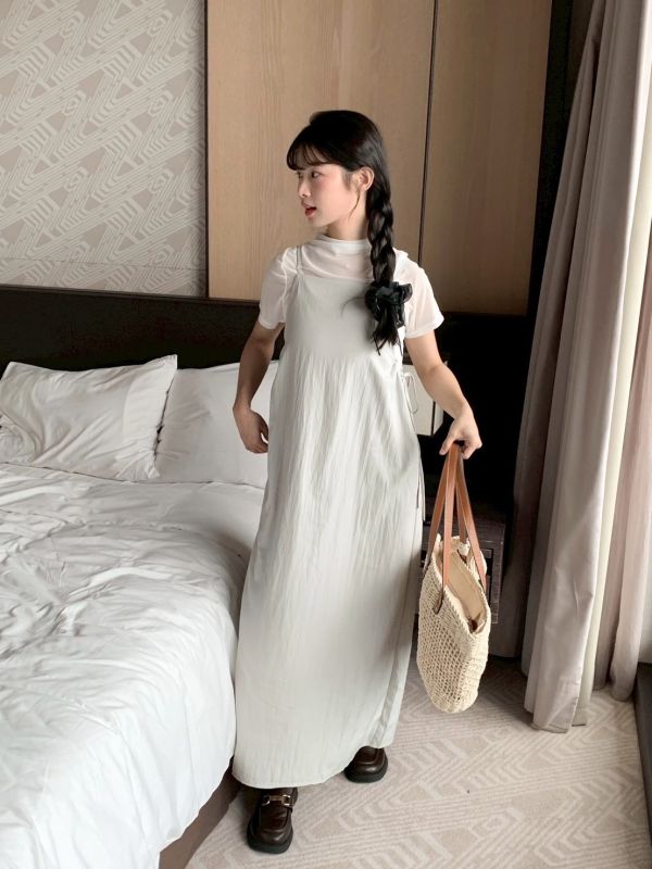 韓系溫柔派少女 工裝感吊帶洋裝 整套販售（洋裝+透膚上衣） 