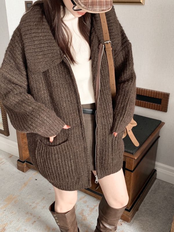韓系熱可可軟毛針織 大領口拉鍊外套 
