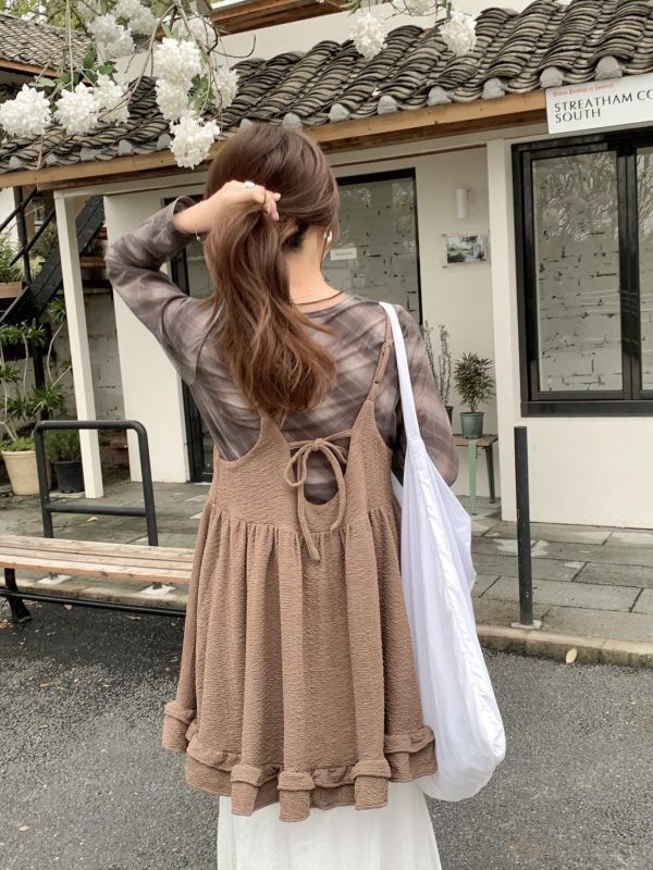 巴黎甜霧 娃娃背心 韓系細肩帶吊帶上衣 蝴蝶結荷葉甜妹背心(3色） 