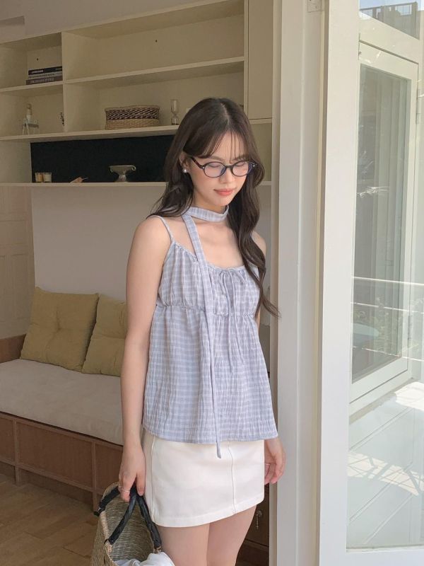 春日微霧感  細格綁帶背心+薄罩衫兩件套 韓系溫柔疊穿 （2色） 