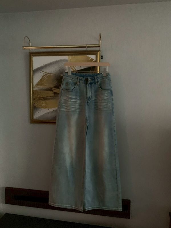 藍調時光 貓抓紋 復古刷色寬褲顯腿長版 百搭不挑人牛仔褲 