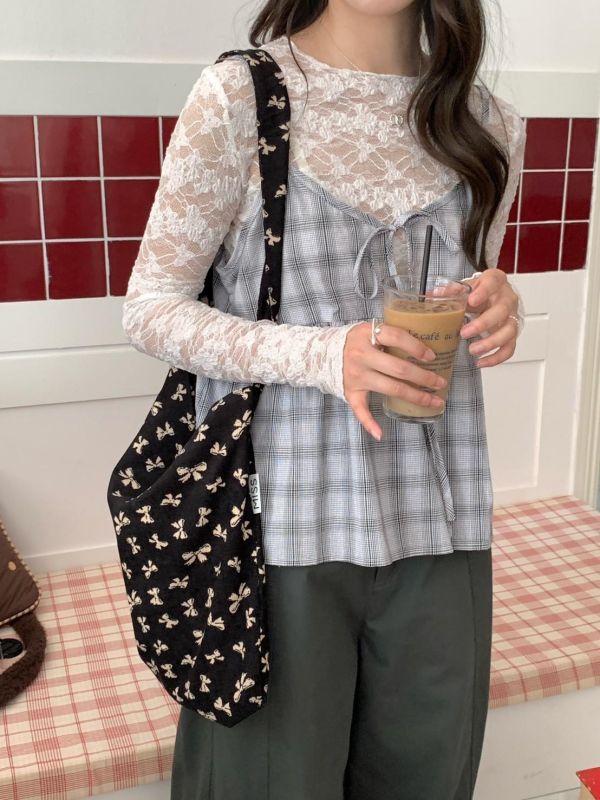 奶霧初戀 格紋細肩小背心 韓系小可愛上衣 顯瘦小隻女孩必收 