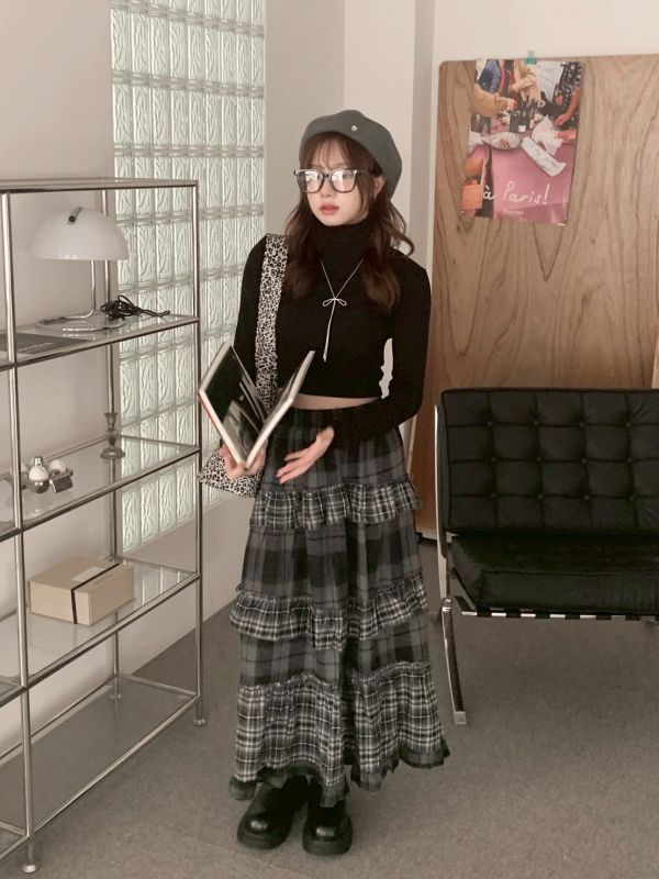 在裙擺裡藏了一點浪漫 多層次格紋蛋糕長裙 顯瘦鬆緊腰 （2色） 