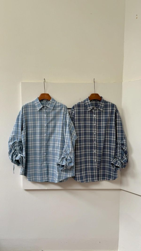 海岸微風格紋襯衫 韓系格紋襯衫 抽繩袖襯衫 長袖襯衫 寬鬆顯瘦 百搭襯衫（2色） 