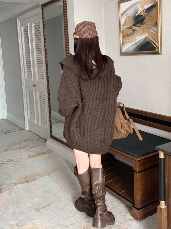 韓系熱可可軟毛針織 大領口拉鍊外套 