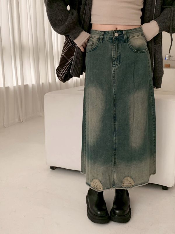 在舊時光裡散步 做舊刷色A字長裙 微破壞高腰設計 顯瘦復古風（S-XL) 