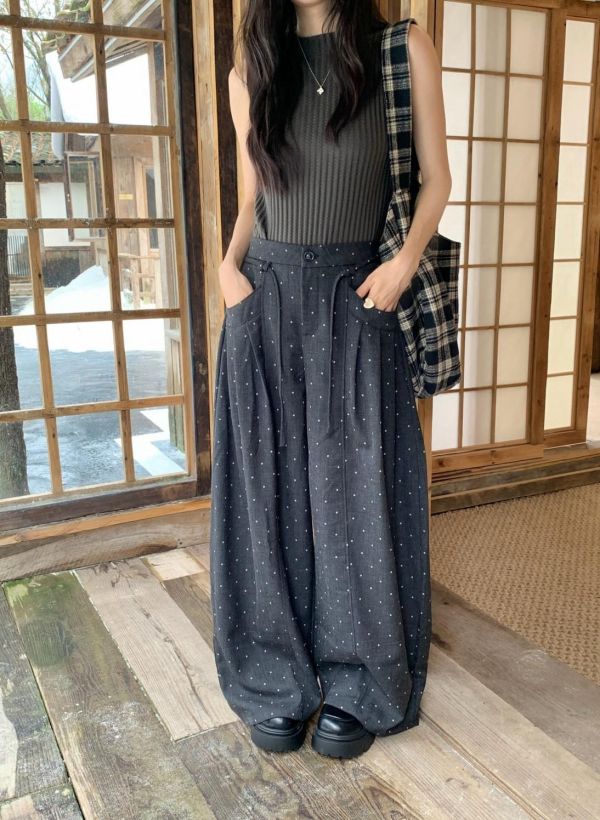 秋日波點咖啡館 高腰雙口袋寬褲 復古點點落地長褲 韓系顯瘦休閒褲(3色） 