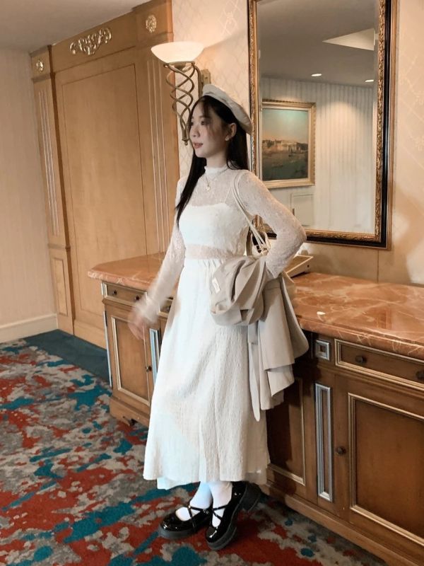 輕甜美感 優雅提花鬆緊腰層次長裙 