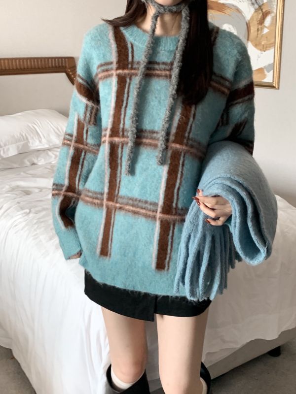 北國暖光 毛絨格紋寬鬆針織上衣 冬季溫柔感必收（3色） 