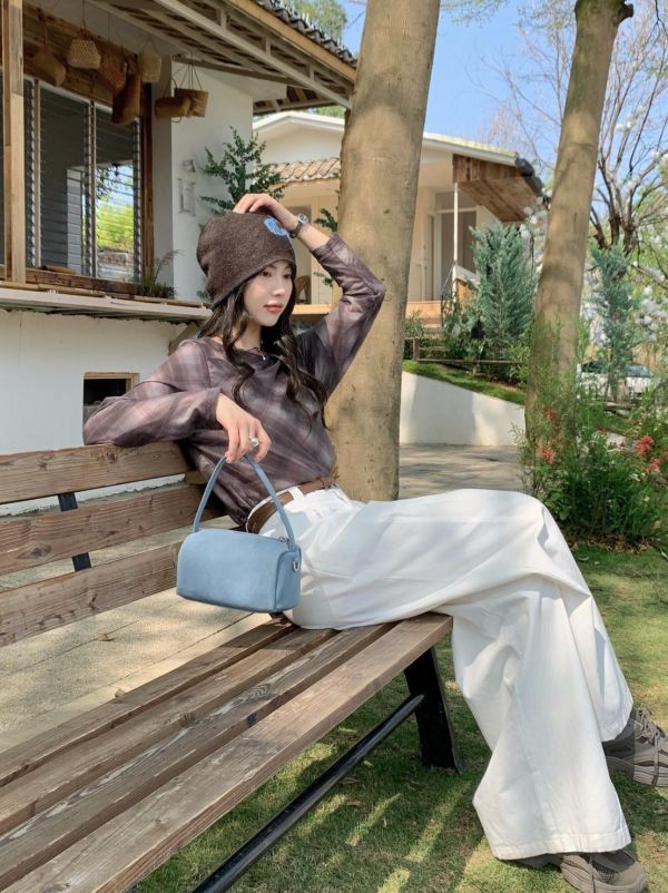 晨霧格紋上衣 春季新款 韓系暈染上衣 長袖打底上衣 修身顯瘦 薄款內搭 氣質穿搭（3色） 