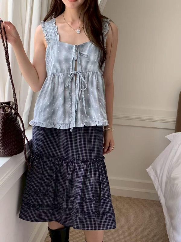 小花日常 格紋花花荷葉邊上衣（3色） 