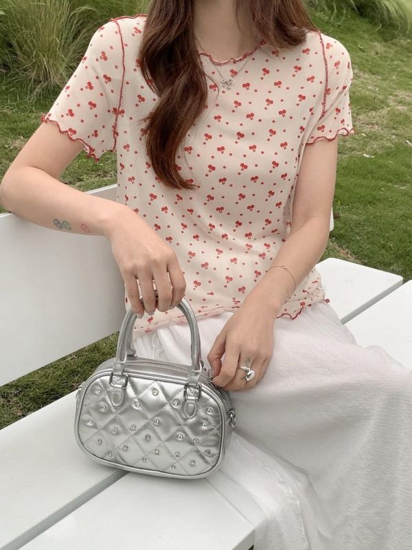 櫻桃糖心 網紗上衣  韓系印花透膚打底衫 百搭短袖（4色） 