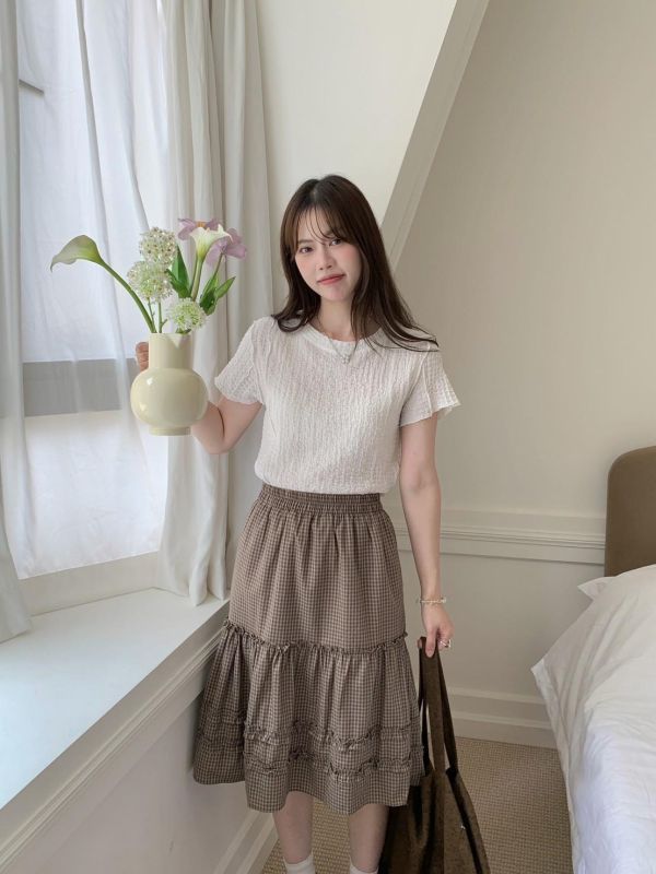 日光氛圍格紋蛋糕長裙 鬆緊腰顯瘦設計 輕甜層次感 慵懶百搭半身裙（多色） 