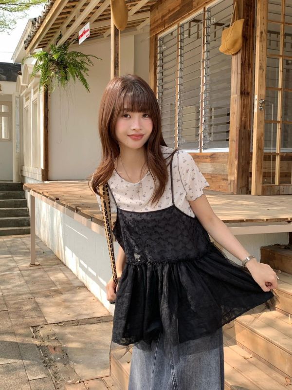 花霧蕾絲網紗背心 韓系甜美網紗背心 小隻女孩百搭疊穿（3色） 