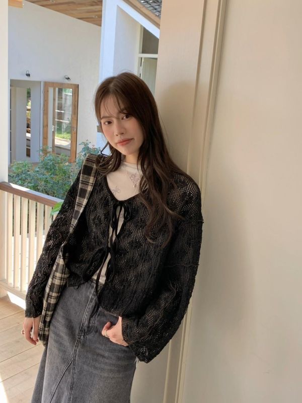 香榭花園針織 韓系綁帶短版針織上衣 慵懶薄針織罩衫（3色） 