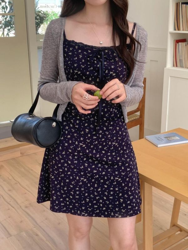 歐式小鎮日常 碎花細肩背心＋柔霧短版罩衫兩件套 