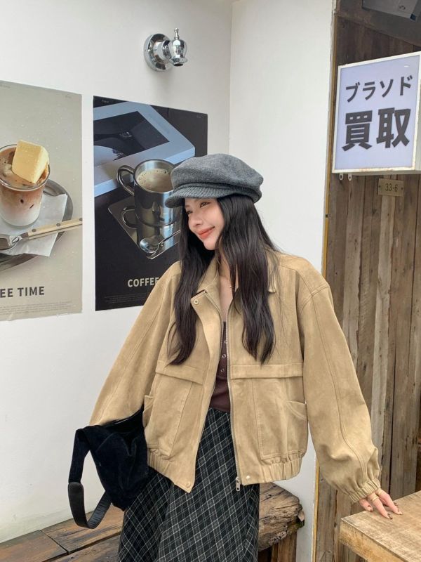 秋日復古信件鹿皮絨翻領外套 短版工裝夾克(3色） 