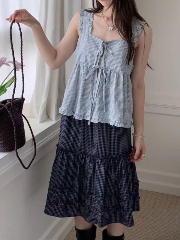 小花日常 格紋花花荷葉邊上衣（3色） 