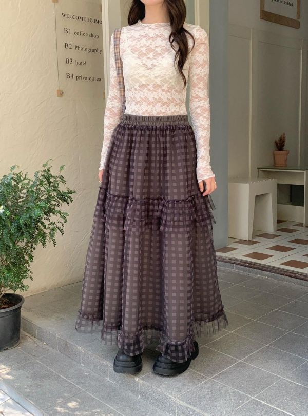 霧夜格紋長裙 紗層荷葉裙（4色） 