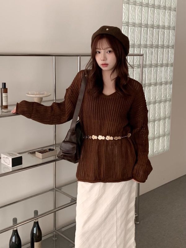 冬日溫暖系 洞洞針織上衣 V領寬鬆版（3色） 