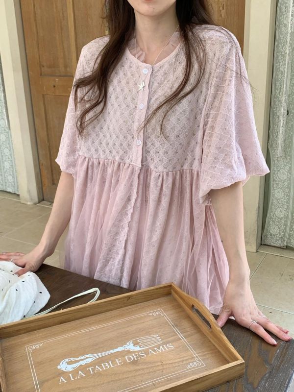 暮夏花語拼接洋裝 仙女感蕾絲網紗洋裝（4色） 