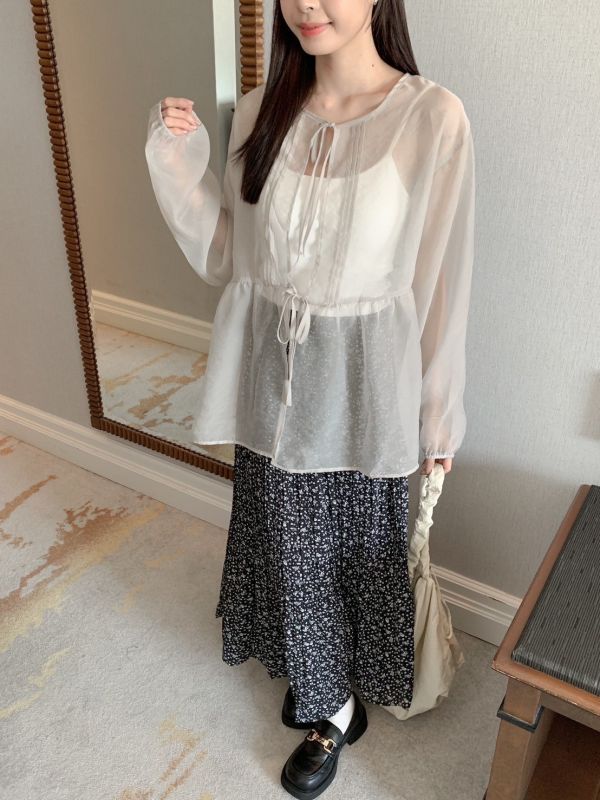 緞面浪花2.0 微光澤澎澎袖綁帶罩衫 (3色) 