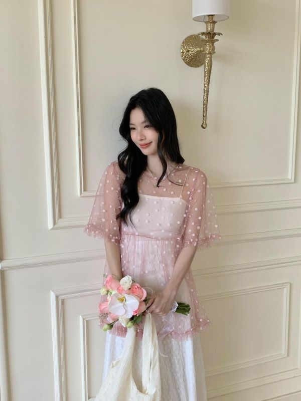 自訂款 花嫁光影 透紗小花洋裝上衣 婚禮氛圍感仙氣罩衫（2色） 
