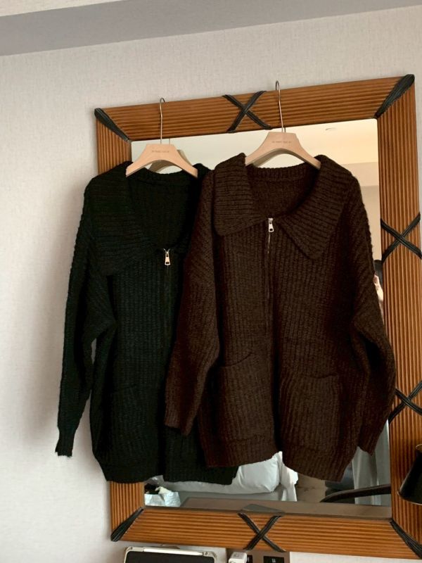 韓系熱可可軟毛針織 大領口拉鍊外套 