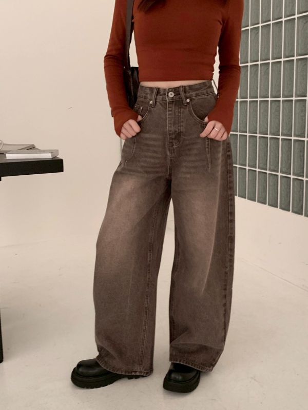 大長腿濾鏡 高腰微復古寬版牛仔長褲 顯瘦挺版 直筒修飾 腿長褲（3色） 