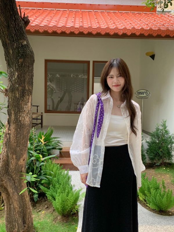 渡假氛圍花花透紗襯衫 後綁帶設計 微透感小性感 寬鬆顯瘦襯衫（3色） 