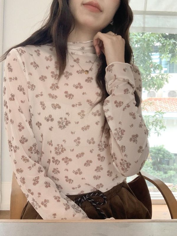 穗花公主 韓系碎花網紗上衣 溫柔奶霧小花 單穿疊穿都美 顯瘦不刺癢（四色） 