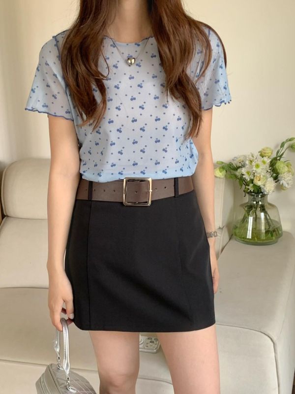 櫻桃糖心 網紗上衣  韓系印花透膚打底衫 百搭短袖（4色） 