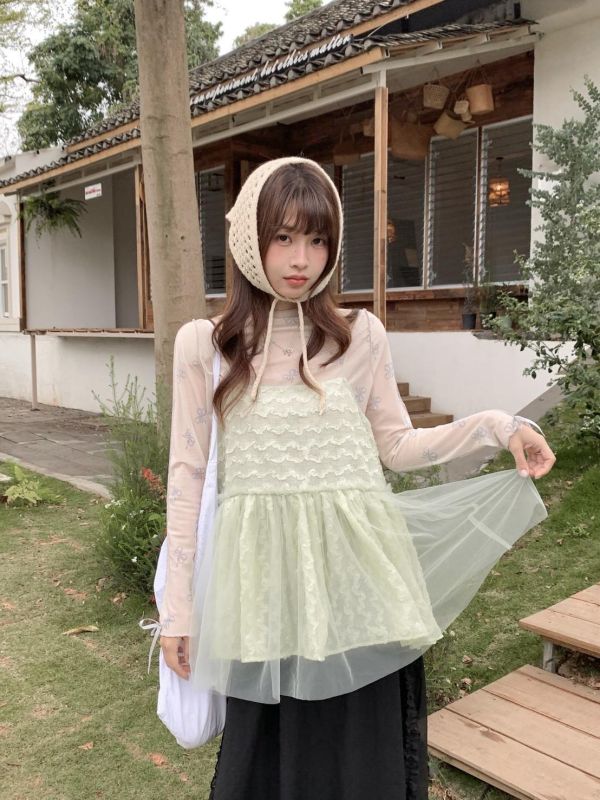 花霧蕾絲網紗背心 韓系甜美網紗背心 小隻女孩百搭疊穿（3色） 