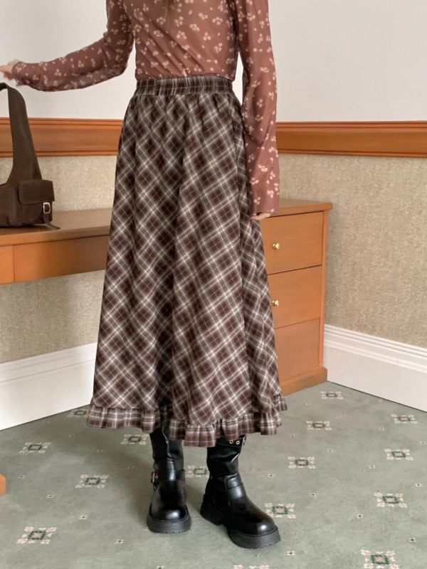 京都日落 日系復古格紋長裙 顯瘦A字版型 鬆緊腰不勒 垂墜好走路秋冬百搭必收（2色） 
