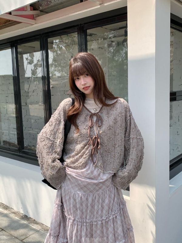 香榭花園針織 韓系綁帶短版針織上衣 慵懶薄針織罩衫（3色） 