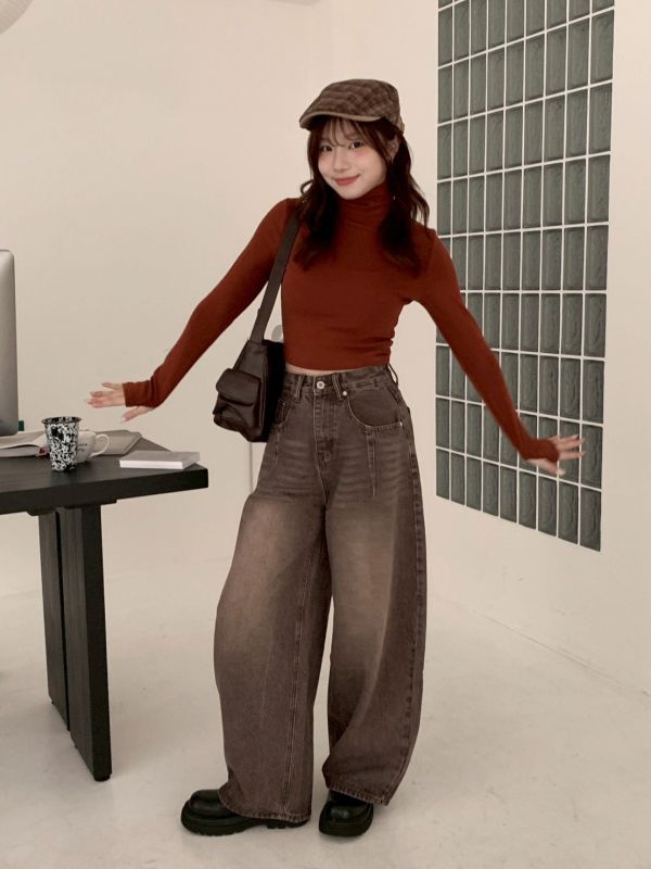 大長腿濾鏡 高腰微復古寬版牛仔長褲 顯瘦挺版 直筒修飾 腿長褲（3色） 