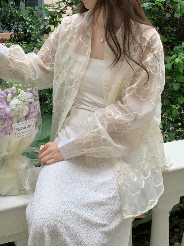 渡假氛圍花花透紗襯衫 後綁帶設計 微透感小性感 寬鬆顯瘦襯衫（3色） 