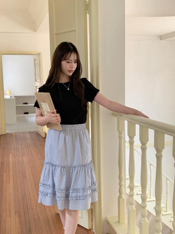 日光氛圍格紋蛋糕長裙 鬆緊腰顯瘦設計 輕甜層次感 慵懶百搭半身裙（多色） 