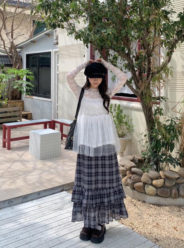 藍莓奶油格紋蛋糕裙 韓系高腰顯瘦層次荷葉裙（2色） 