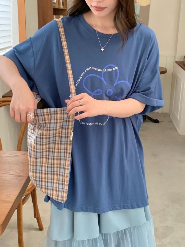 南法花園莊園 小花線條感寬鬆T恤 法式簡約百搭上衣（5色） 