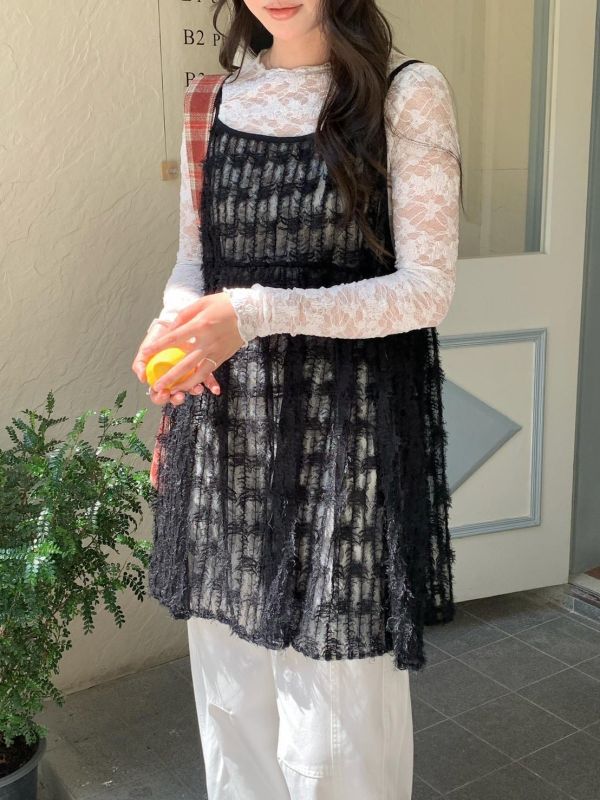 月光輕紗細肩背心 韓系透膚感蕾絲背心（3色） 