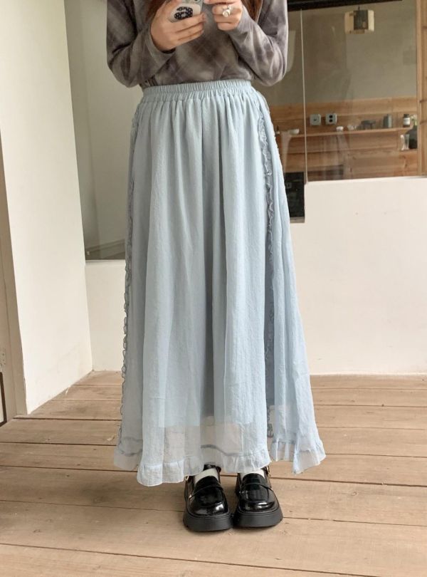 輕霧漫步 荷葉裙 韓系飄逸顯瘦長裙 百搭氣質半身裙（3色） 