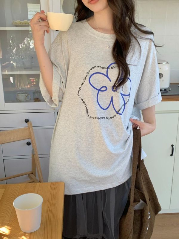 南法花園莊園 小花線條感寬鬆T恤 法式簡約百搭上衣（5色） 