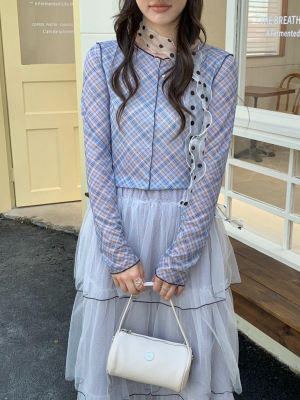 歐系少女層次感 格紋透膚長袖 木耳邊打底上衣（3色） 