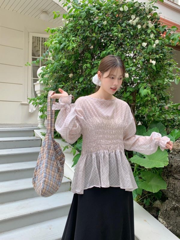 英倫花園日常 格紋抓皺上衣 收腰顯瘦款（2色） 