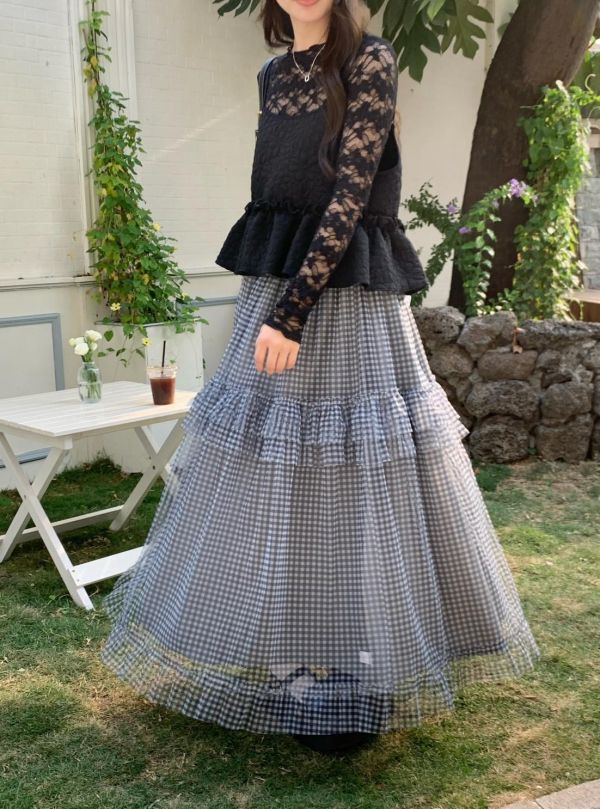 霧夜格紋長裙 紗層荷葉裙（4色） 