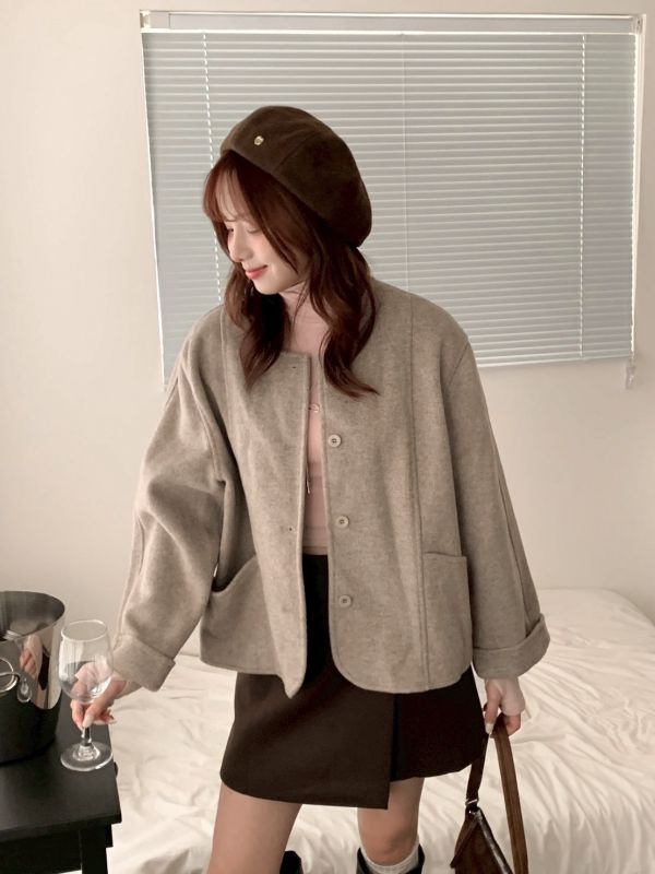 精緻季節 無領羊毛感短版大衣 外套顯瘦不挑人（3色） 