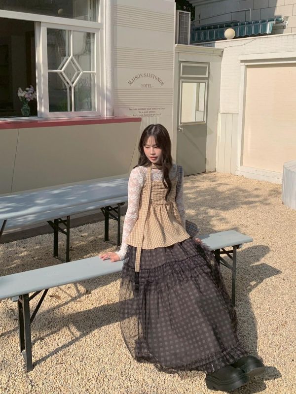 霧夜格紋長裙 紗層荷葉裙（4色） 