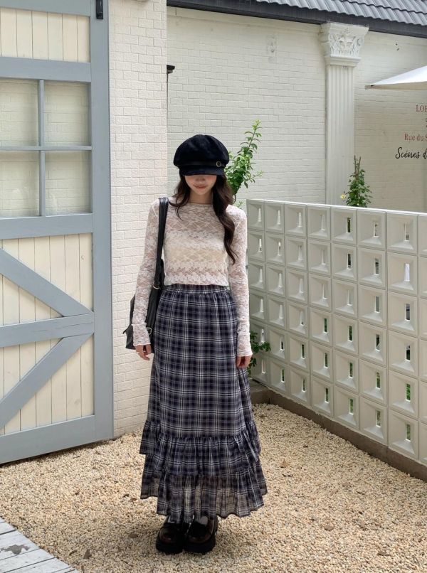 藍莓奶油格紋蛋糕裙 韓系高腰顯瘦層次荷葉裙（2色） 